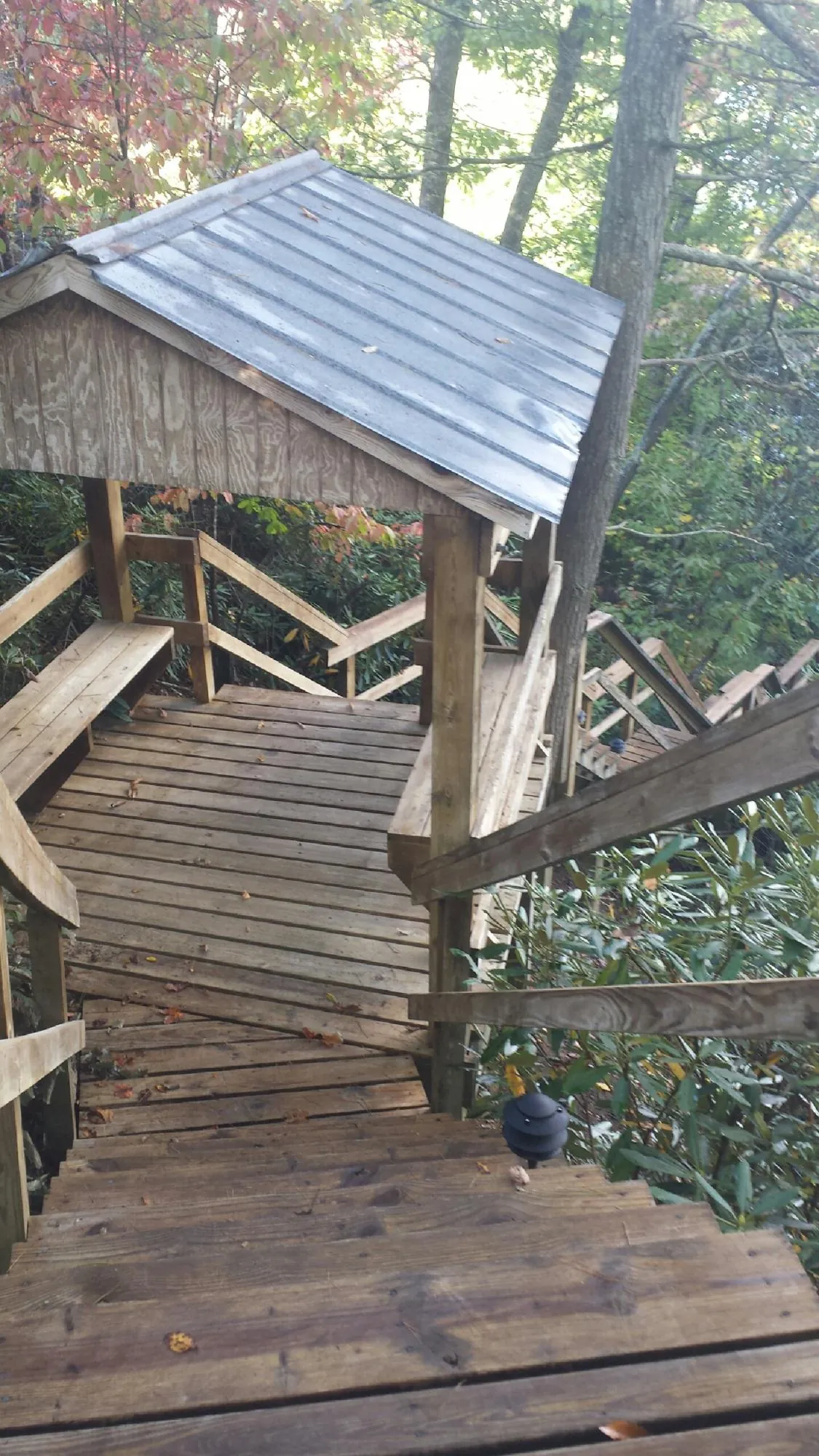 Metal roofed shelter over wooden steps on a wooded walkway — Skylight Repair & Installation work by our crew in Parsons